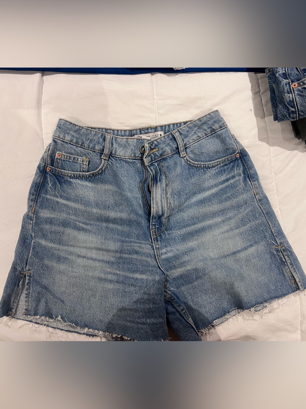 Zara Light Blue Distressed High-Rise Denim Shorts